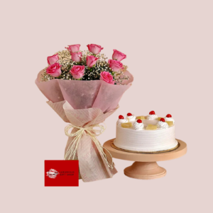 Pink Roses Bouquet & Pineapple Cake